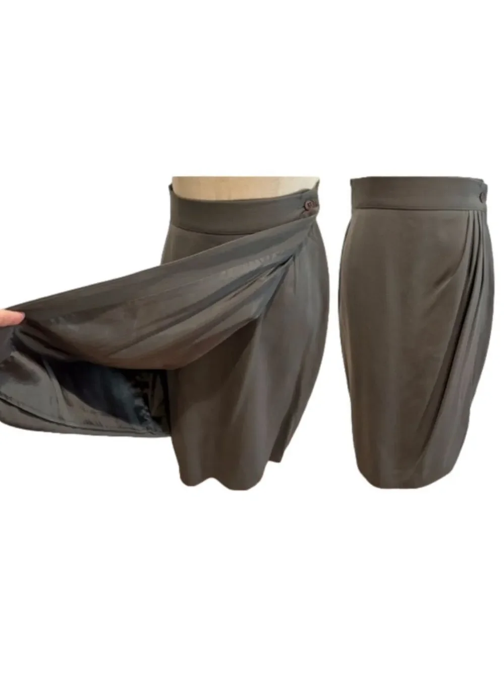 80s JOAN & DAVID ITALIAN FAUX WRAP PENCIL SKIRT CHARCOAL GRAY DRAPED PLEATS